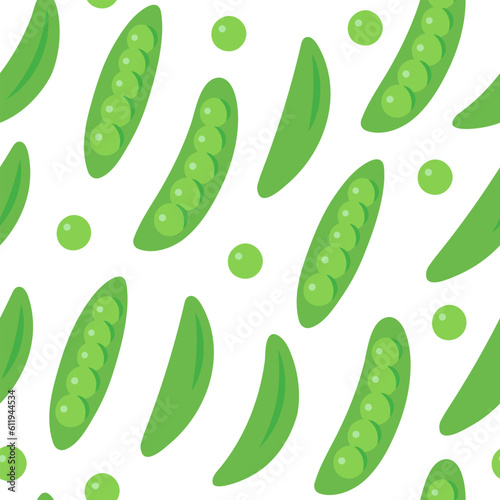 Green pea in flat style. Seamless vegetable pattern on white background.