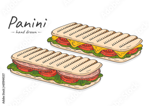 Hand drawn colorful panini illustration with cheese, tomatoes and ham.