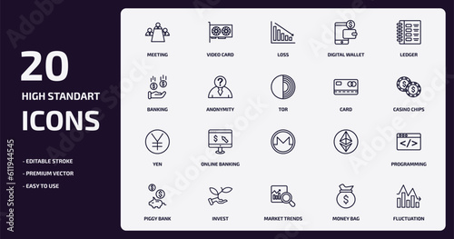 cryptocurrency outline icons set. cryptocurrency thin line icons pack such as meeting, digital wallet, anonymity, yen, invest, market trends, money bag, fluctuation vector.