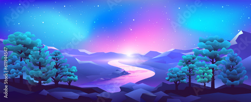 Vector color gradient widescreen landscape illustration. View of the mountains and the river against the background of the shining night sky.
