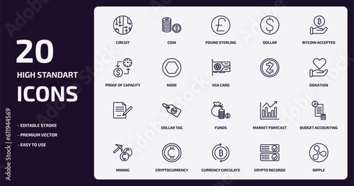 cryptocurrency outline icons set. cryptocurrency thin line icons pack such as circuit, dollar, node, , cryptocurrency, currency circulate, crypto records, ripple vector.