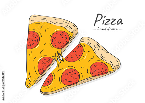 Vector hand drawn sketch illustration of slices pepperoni pizza with salami sausage and cheese.