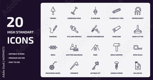 construction tools outline icons set. construction tools thin line icons pack such as trowel, plumb rule tool, stillson wrench, brick, crowbar, antique key, garage screw, gallon oil vector.