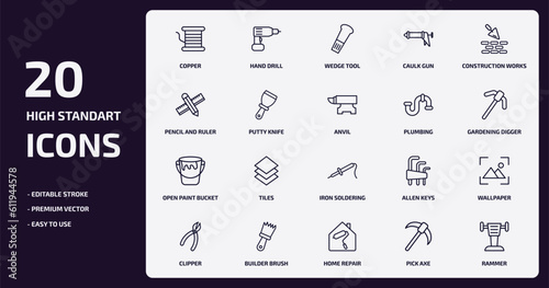 construction tools outline icons set. construction tools thin line icons pack such as copper, caulk gun, putty knife, open paint bucket, builder brush, home repair, pick axe, rammer vector.