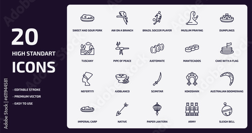 culture outline icons set. culture thin line icons pack such as sweet and sour pork, muslim praying, pipe of peace, nefertiti, native, paper lantern, army, sleigh bell vector.