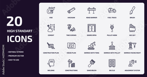 construction outline icons set. construction thin line icons pack such as vise, fuel truck, two screws, construction plan, constructions, sand brush, big clo, adjusment system vector.