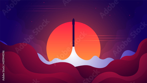 Silhouette of a rocket launch into space on sunset background.
