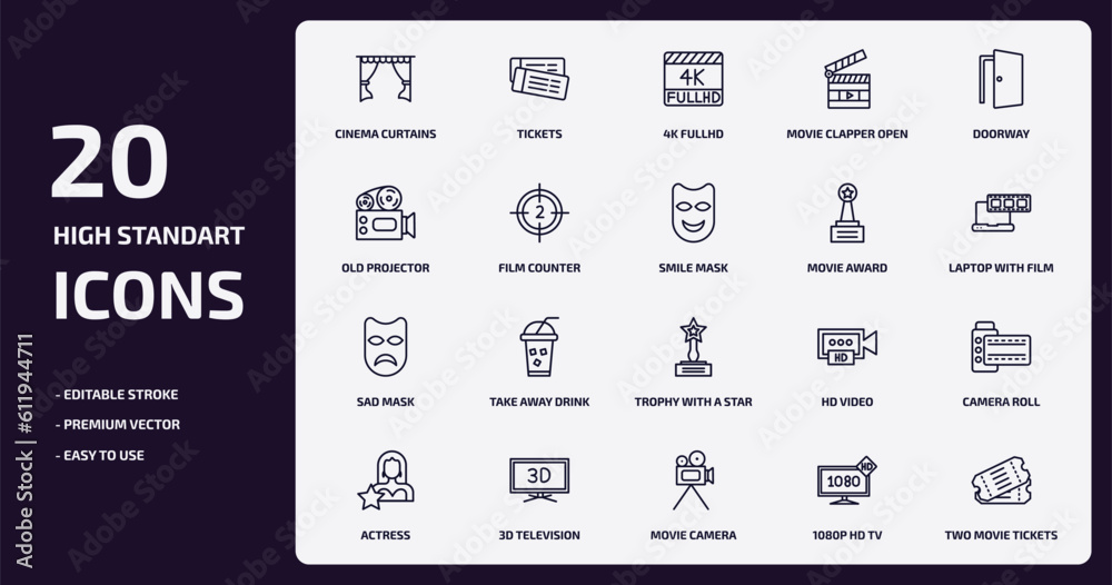 cinema outline icons set. cinema thin line icons pack such as cinema curtains, movie clapper open, film counter, sad mask, 3d television, movie camera, 1080p hd tv, two movie tickets vector.