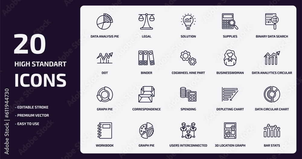 business and analytics outline icons set. business and analytics thin line icons pack such as data analysis pie chart, supplies, binder, graph pie, graph pie, users interconnected, 3d location business and analytics outline icons set. business and analytics thin line icons pack such as data analysis pie chart, supplies, binder, graph pie, graph pie, users interconnected, 3d location