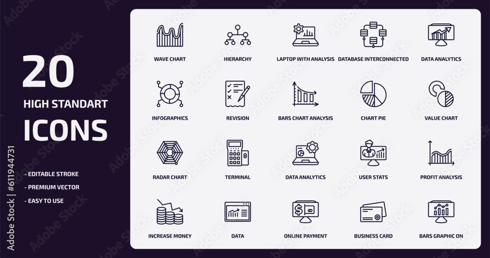 business and analytics outline icons set. business and analytics thin line icons pack such as wave chart, database interconnected, revision, radar chart, data, online payment, business card, bars business and analytics outline icons set. business and analytics thin line icons pack such as wave chart, database interconnected, revision, radar chart, data, online payment, business card, bars