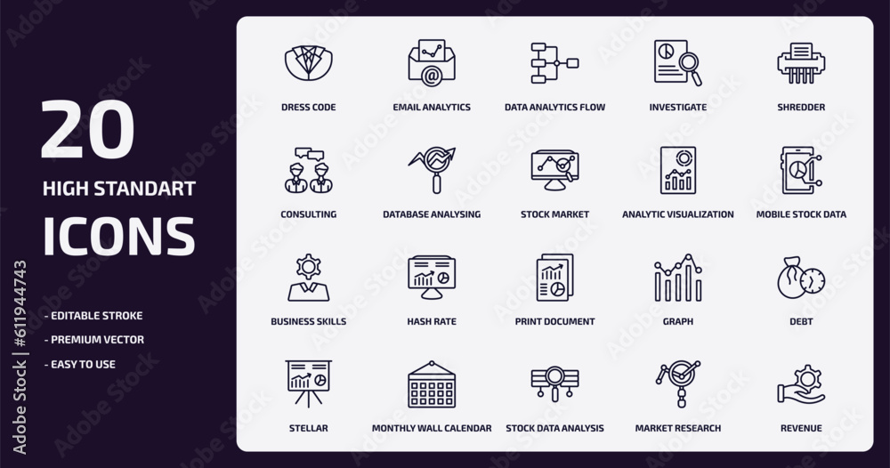 business and analytics outline icons set. business and analytics thin line icons pack such as dress code, investigate, database analysing, business skills, monthly wall calendar, stock data