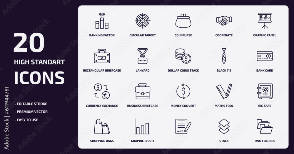 business outline icons set. business thin line icons pack such as ranking factor, cooperate, lanyard, currency exchange, graphic chart, , stack, two folders vector.