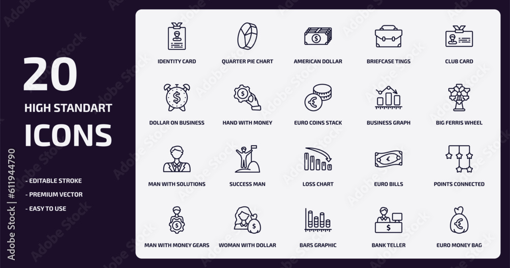 business outline icons set. business thin line icons pack such as identity card, briefcase tings, hand with money gear, man with solutions, woman with dollar bill, bars graphic, bank teller, euro
