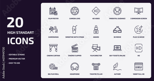 cinema outline icons set. cinema thin line icons pack such as film poster, parental guidance, smoothie with straw, cinema curtain, headphone, theatre pillar, author, 1080p full hd vector.