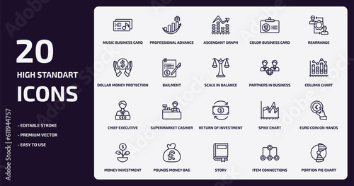 business outline icons set. business thin line icons pack such as music business card, color card, bailment, chief executive officer, pounds money bag, story, item connections, portion pie chart