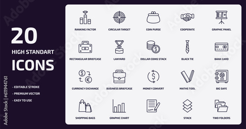 business outline icons set. business thin line icons pack such as ranking factor, cooperate, lanyard, currency exchange, graphic chart, , stack, two folders vector.