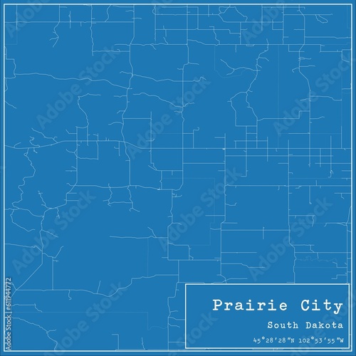 Blueprint US city map of Prairie City, South Dakota.