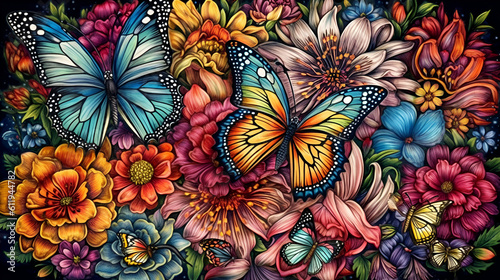 Colorful butterflies fly over colorful flowers. Generative illustration of AI. Digital visual content Generative AI