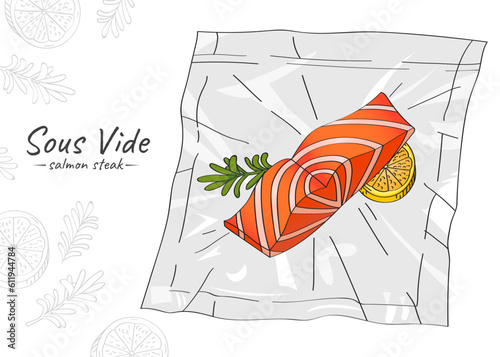 Vector hand drawn sketch illustration of a salmon filet with rosemary and lemon. Sous-Vide Slow Cooking Technology.