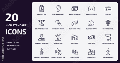 business outline icons set. business thin line icons pack such as identity card, briefcase tings, hand with money gear, man with solutions, woman with dollar bill, bars graphic, bank teller, euro