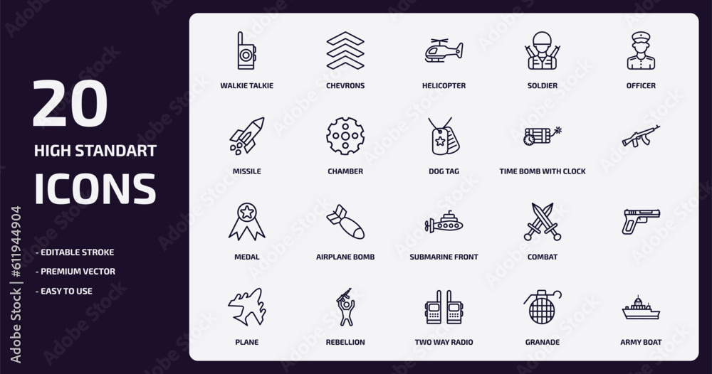 army and war outline icons set. army and war thin line icons pack such as walkie talkie, soldier, chamber, medal, rebellion, two way radio, granade, army boat vector.