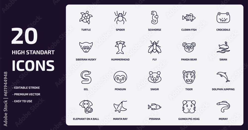 animals outline icons set. animals thin line icons pack such as turtle, clown fish, hummerhead, eel, manta ray, piranha, guinea pig heag, moray vector. animals outline icons set. animals thin line icons pack such as turtle, clown fish, hummerhead, eel, manta ray, piranha, guinea pig heag, moray vector.