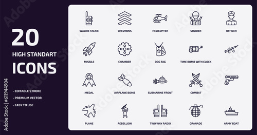 army and war outline icons set. army and war thin line icons pack such as walkie talkie, soldier, chamber, medal, rebellion, two way radio, granade, army boat vector.