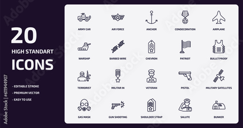 army and war outline icons set. army and war thin line icons pack such as army car, condecoration, barbed wire, terrorist, gun shooting, shoulder strap, salute, bunker vector.
