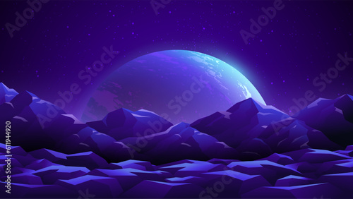Dark futuristic mountains landscape on planet background.