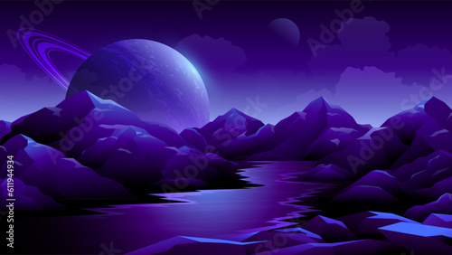 Lake view on alien planet space landscape background.