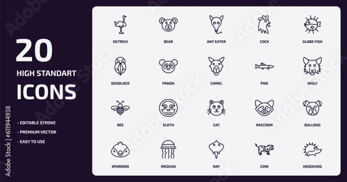 animals outline icons set. animals thin line icons pack such as ostrich, cock, panda, bee, medusa, ray, cow, hedgehog vector.