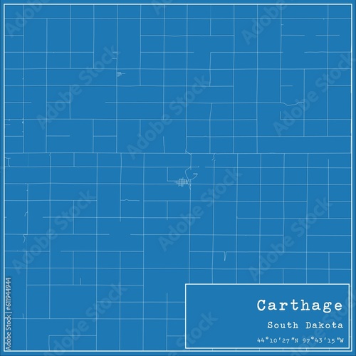 Blueprint US city map of Carthage, South Dakota.