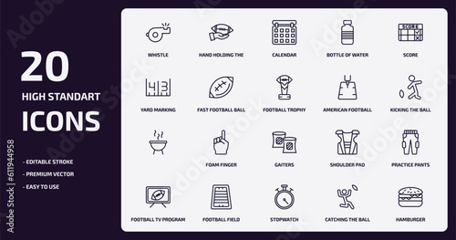 american football outline icons set. american football thin line icons pack such as whistle, bottle of water, fast football ball, , field, stopwatch, catching the ball, hamburger vector.