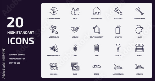 agriculture farming outline icons set. agriculture farming thin line icons pack such as crop rotation, vegetable, legume, farm products, bale, bread, lawnmower, mower vector.