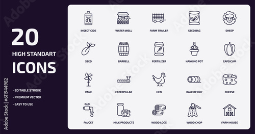 agriculture farming outline icons set. agriculture farming thin line icons pack such as insecticide, seed bag, barrell, vane, milk products, wood logs, wood chop, farm house vector.