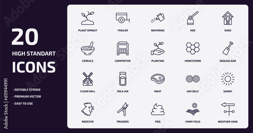 agriculture farming outline icons set. agriculture farming thin line icons pack such as plant sprout, hoe, composter, flour mill, pruners, poo, farm field, weather vane vector.