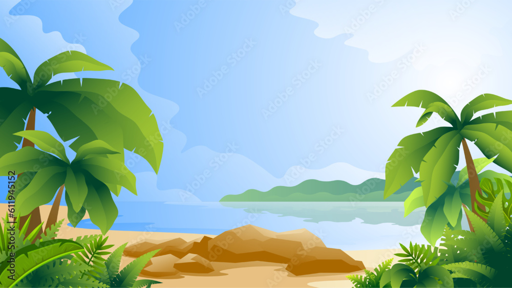 Horizontal colorful illustration of tropical scenery. Beach with palm trees on ocean and island background. - obrazy, fototapety, plakaty 