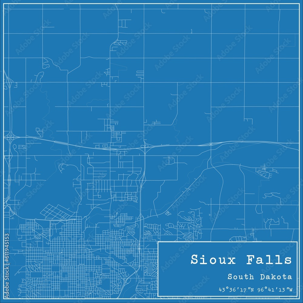 Blueprint US city map of Sioux Falls, South Dakota. Blueprint US city map of Sioux Falls, South Dakota.