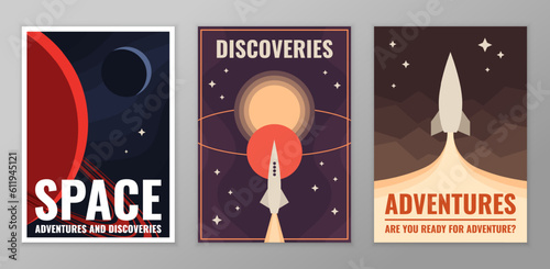 Retro vintage space poster. Illustrations of flying rockets on a dark space background..
