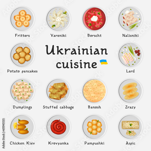 National ukrainian cuisine set isolated on plates on a white background..