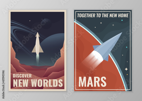 Retro vintage space poster. Illustration of a rockets launch from the planet.