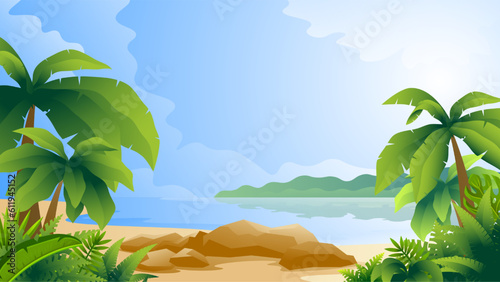 Horizontal colorful illustration of tropical scenery. Beach with palm trees on ocean and island background.