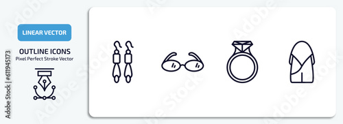 woman clothing outline icons set. woman clothing thin line icons pack included dangling earrings, reading eyeglasses, engagement ring, hobo shoulder bag vector.