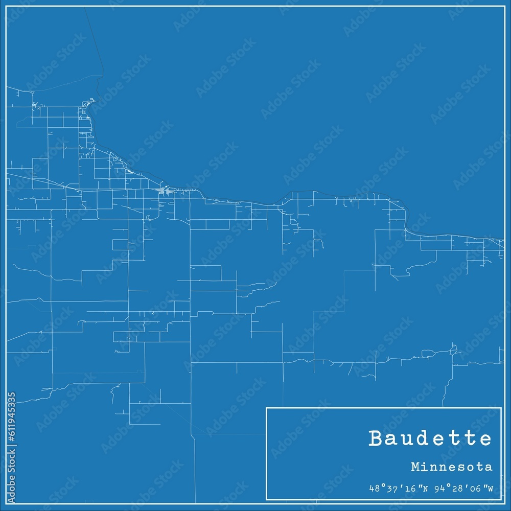 Blueprint US city map of Baudette, Minnesota.