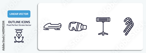 winter outline icons set. winter thin line icons pack included bobsled, goggles, electric heater, candy cane vector.