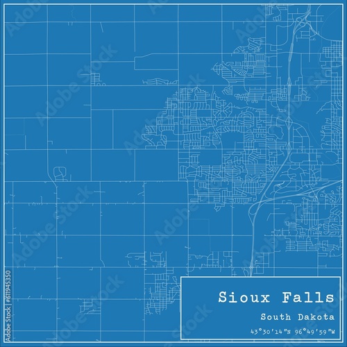 Blueprint US city map of Sioux Falls, South Dakota.