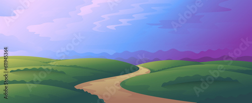 Beautiful green spring hills. Horizontal widescreen illustration for social networks  banners.