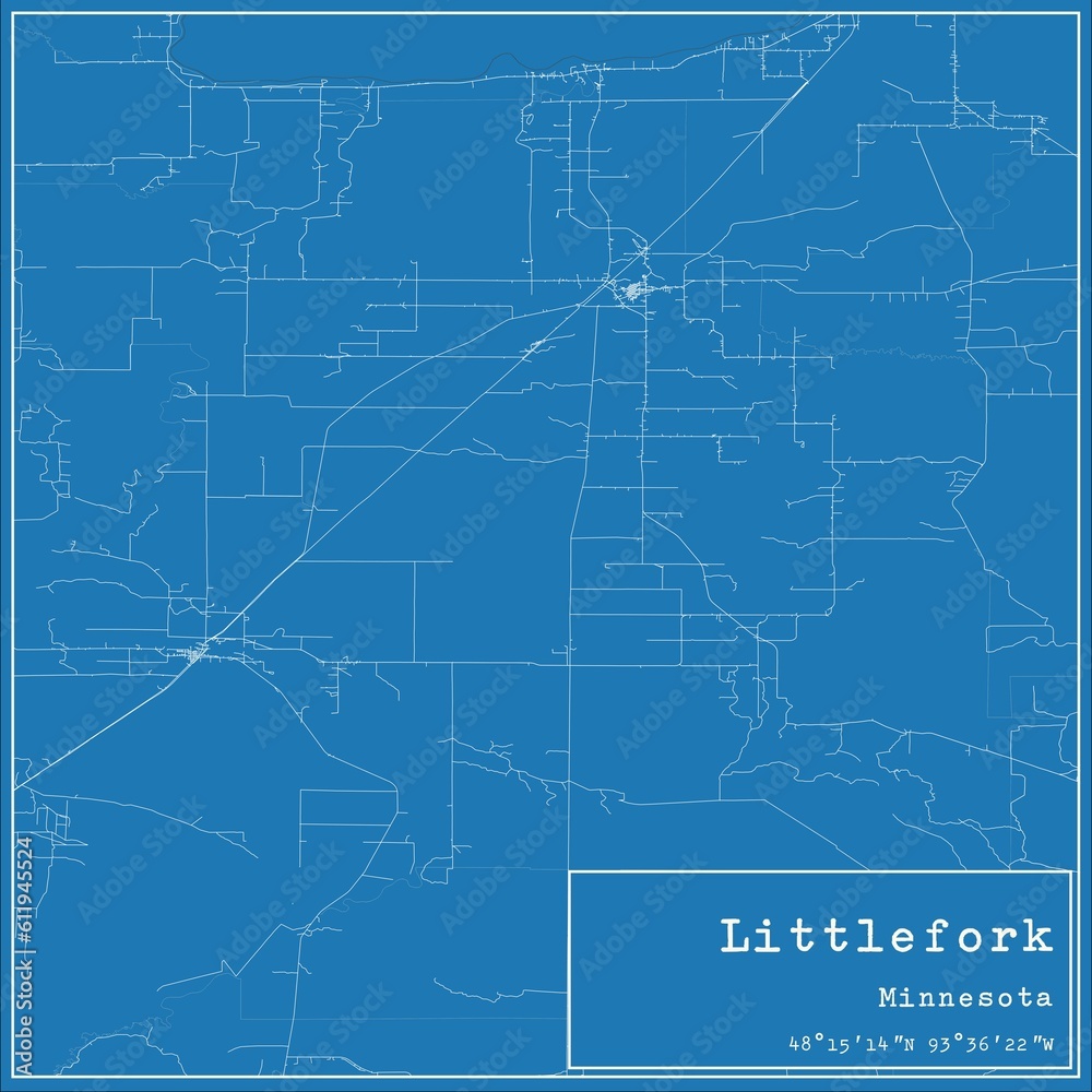 Blueprint US city map of Littlefork, Minnesota.