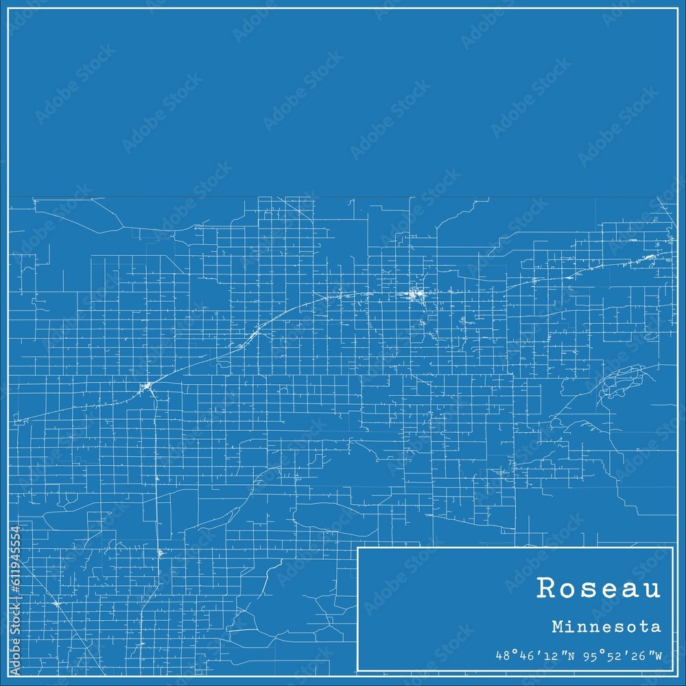 Blueprint US city map of Roseau, Minnesota.