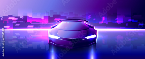 Luxury neon supercar stands on modern evening city background.